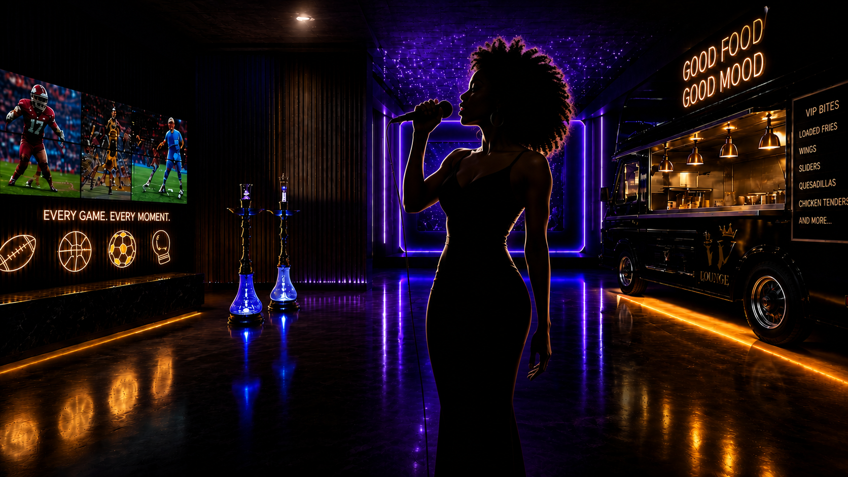 Luxury private karaoke lounge interior with purple LED lighting and electric hookah